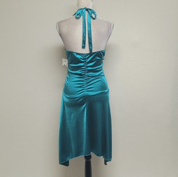 Deadstock Vintage Charlotte Russe Teal Satin Brooch Shark Bite Hem Halter Dress - Picture 9 of 14